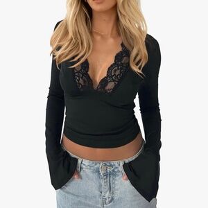 Women's Lace Deep V Neck Long Sleeve Low Cut Crop Top Slim Fitted T Shirt